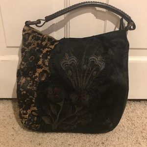Beverly Feldman Black leather with Floral and Lace Printed Handbag